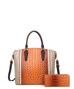 2in1 Alligator Croc Fashion Handbag with Wallet CY-7188W BROWN